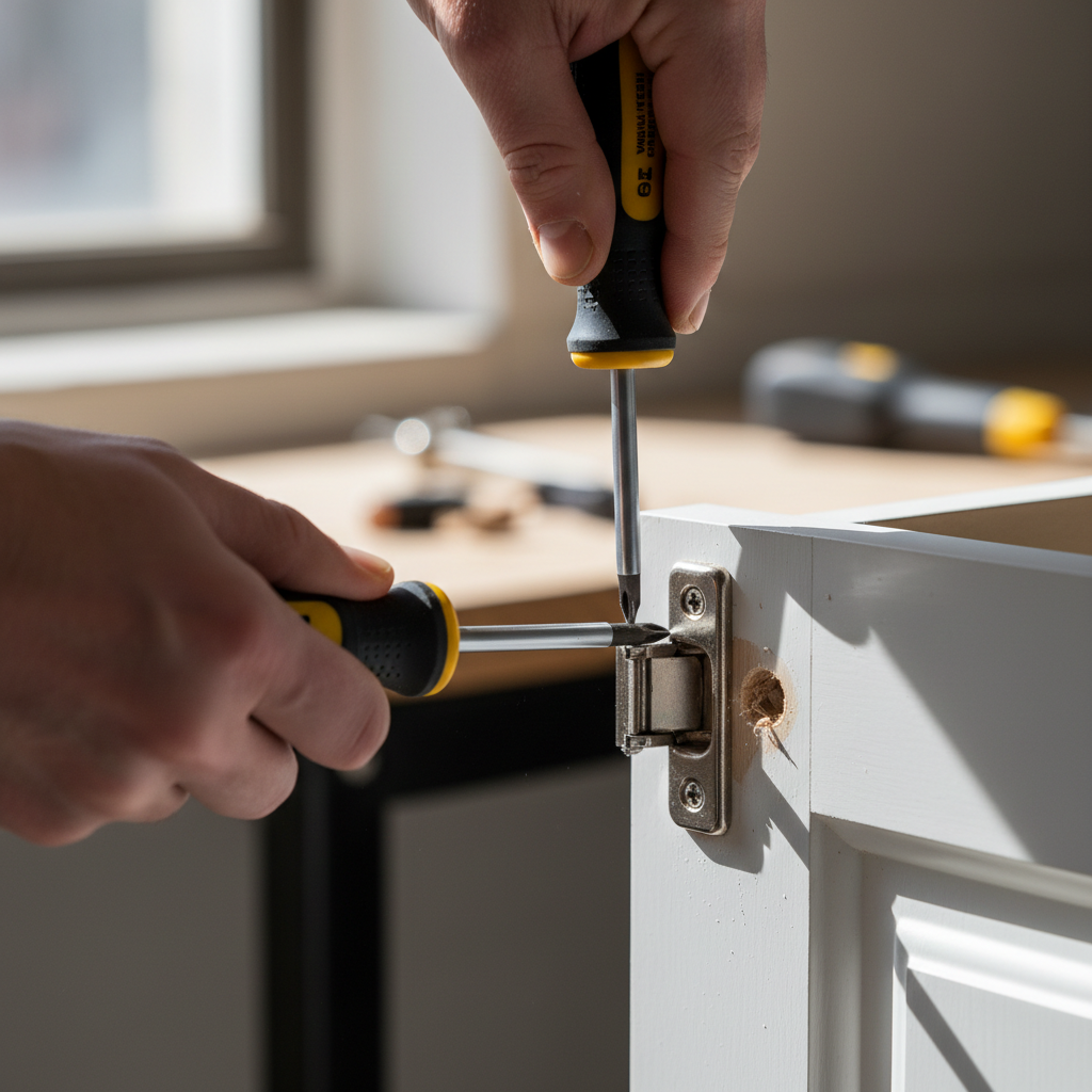 Detalhe de mãos usando chave de fenda em dobradiça ao seguir tutorial de como desmontar armário de cozinha com cuidado.