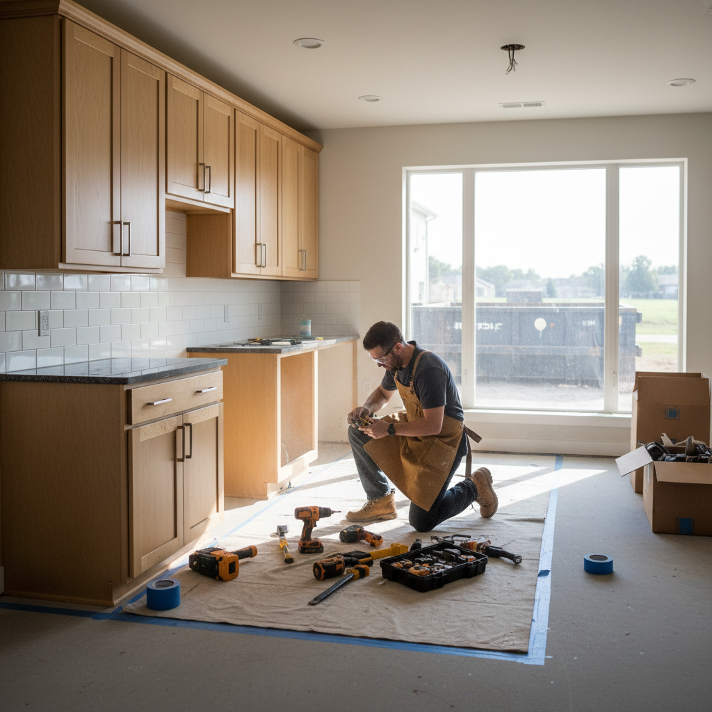Homem em cozinha ampla preparando ferramentas para aprender como desmontar armário de cozinha em reforma residencial.