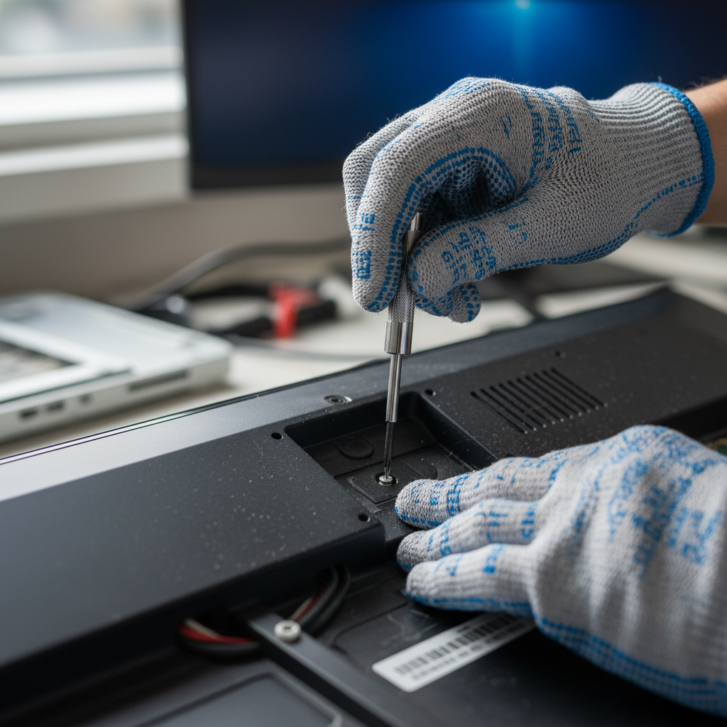 Close técnico de mãos removendo parafusos traseiros seguindo o guia de como desmontar painel de tv em uma oficina.