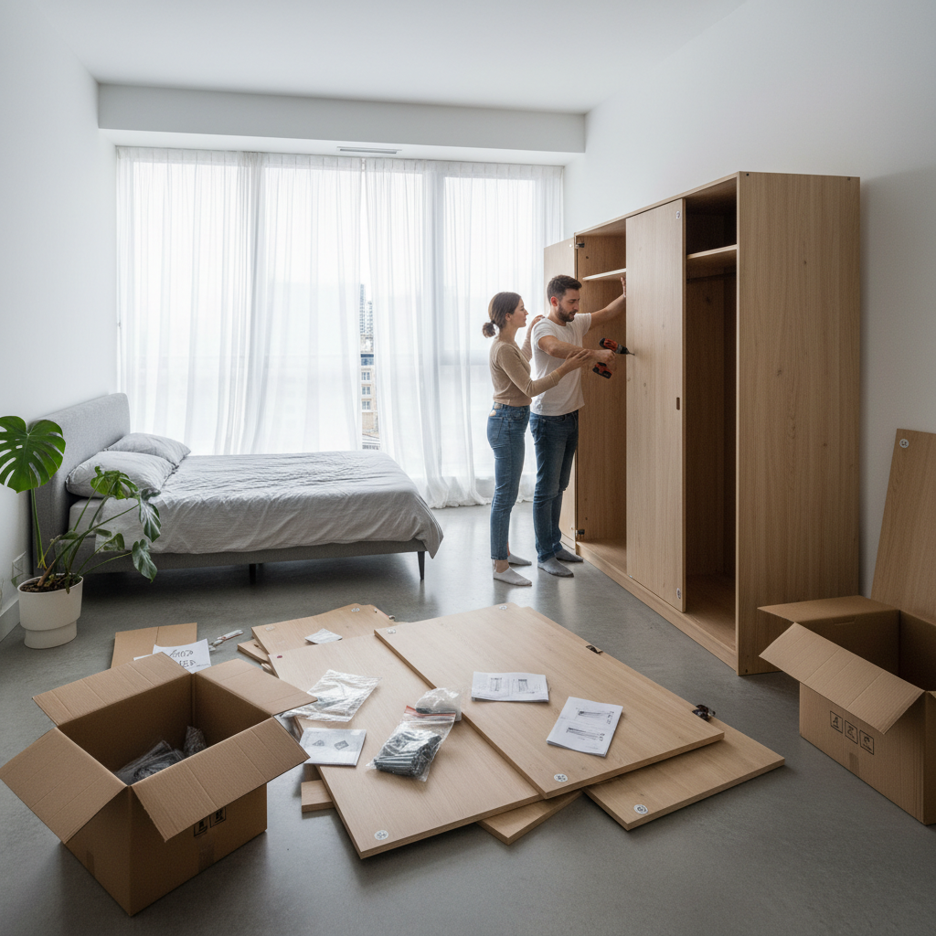 Casal em um quarto iluminado organizando peças de madeira para aprender como montar um móvel de quarto com manuais no chão.