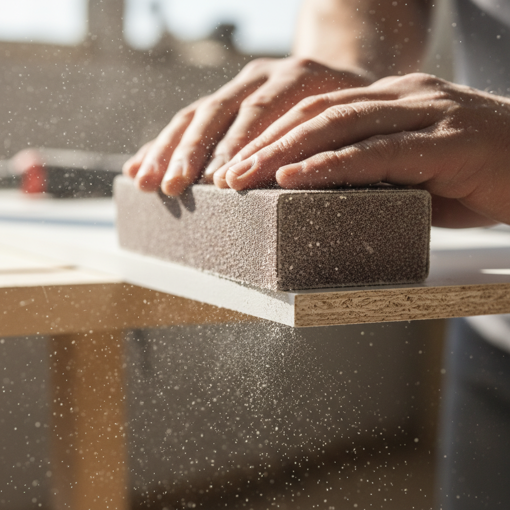 Close detalhado de lixamento manual em peça de madeira ensinando na prática como restaurar móveis de mdf com precisão.