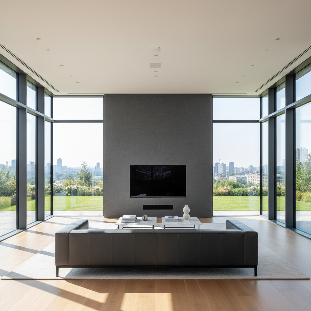 Sala moderna ampla com sofá de couro e uma televisão instalada na altura da tv na parede ideal para o conforto visual.