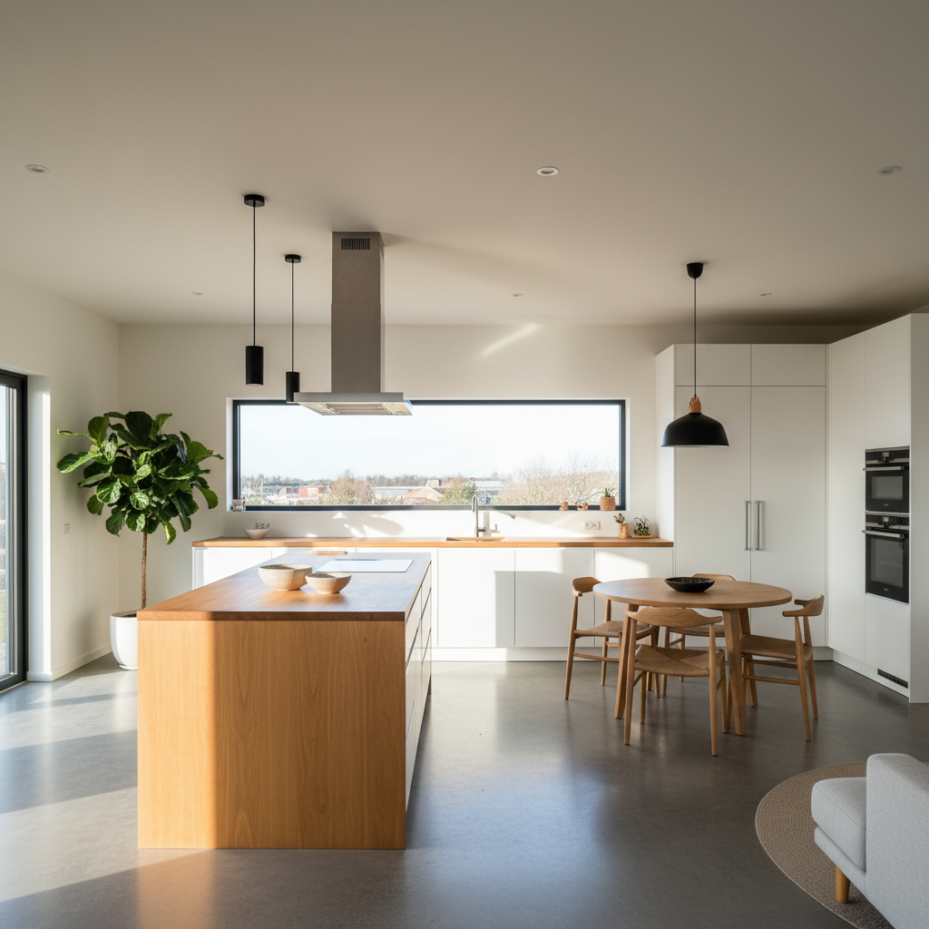 Visão ampla de cozinha moderna iluminada para mostrar como economizar na cozinha planejada com materiais inteligentes.
