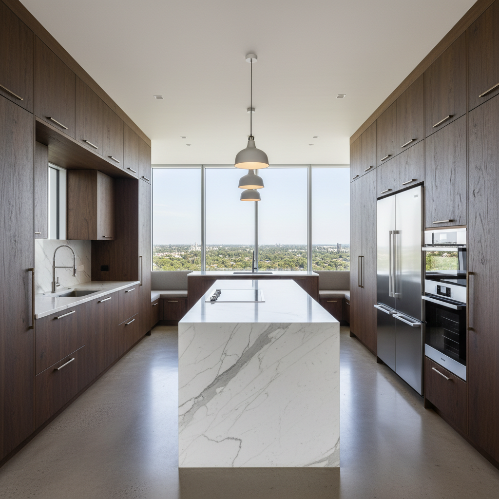 Vista ampla de cozinha moderna com ilha de mármore e armários embutidos sobre como montar uma cozinha planejada funcional.