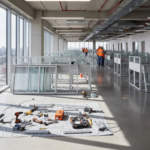 Vista ampla de um escritório em reforma com profissionais realizando a desmontagem de divisórias em grande escala.