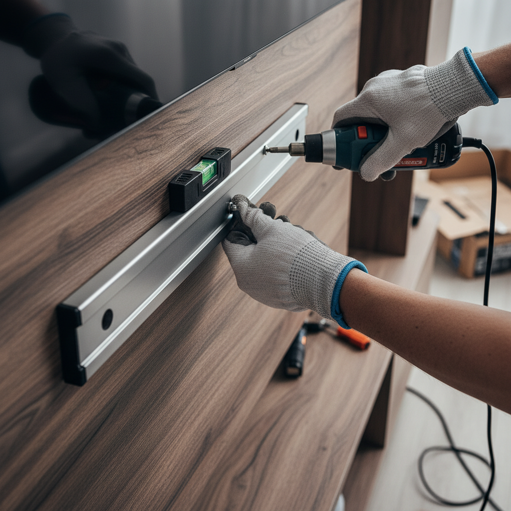 Detalhe das mãos de um técnico ajustando o suporte metálico durante a instalação de tv no painel com foco nas ferramentas.