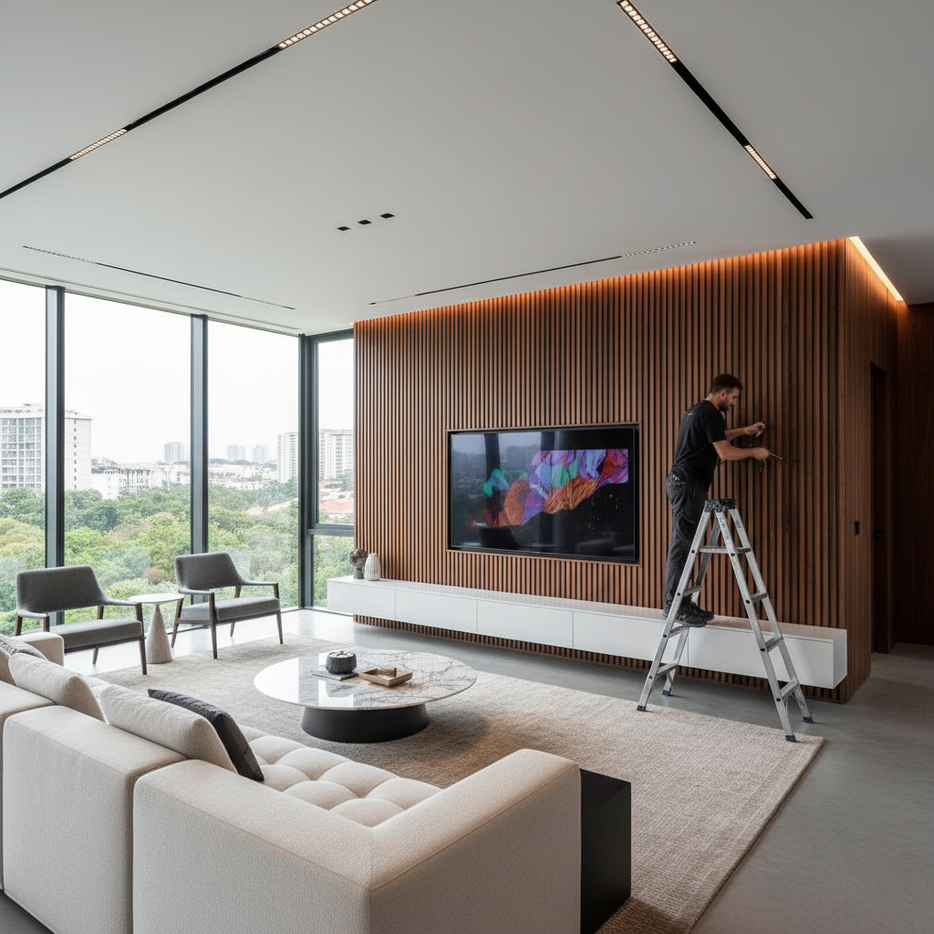 Sala moderna com iluminação natural mostrando o resultado final de uma instalação de tv no painel de madeira elegante.