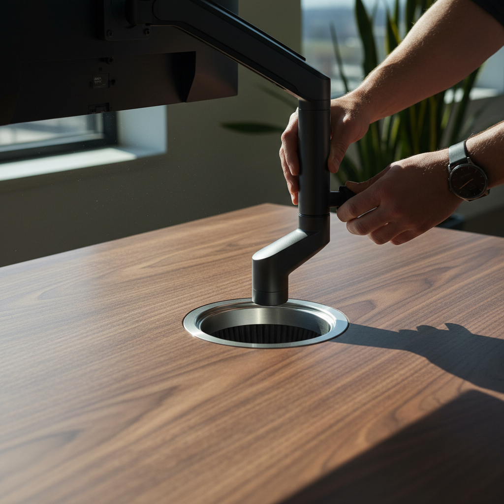 Detalhe de acabamento em madeira e organizador de cabos em uma mesa de escritorio planejada com foco seletivo.