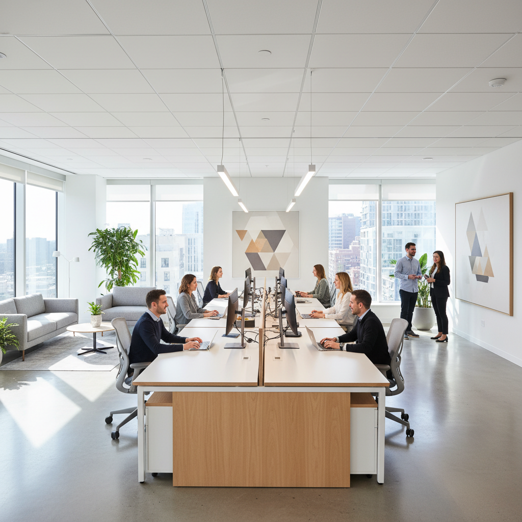 Escritório amplo e moderno com mesa de escritorio planejada integrada em ambiente corporativo iluminado e profissional.