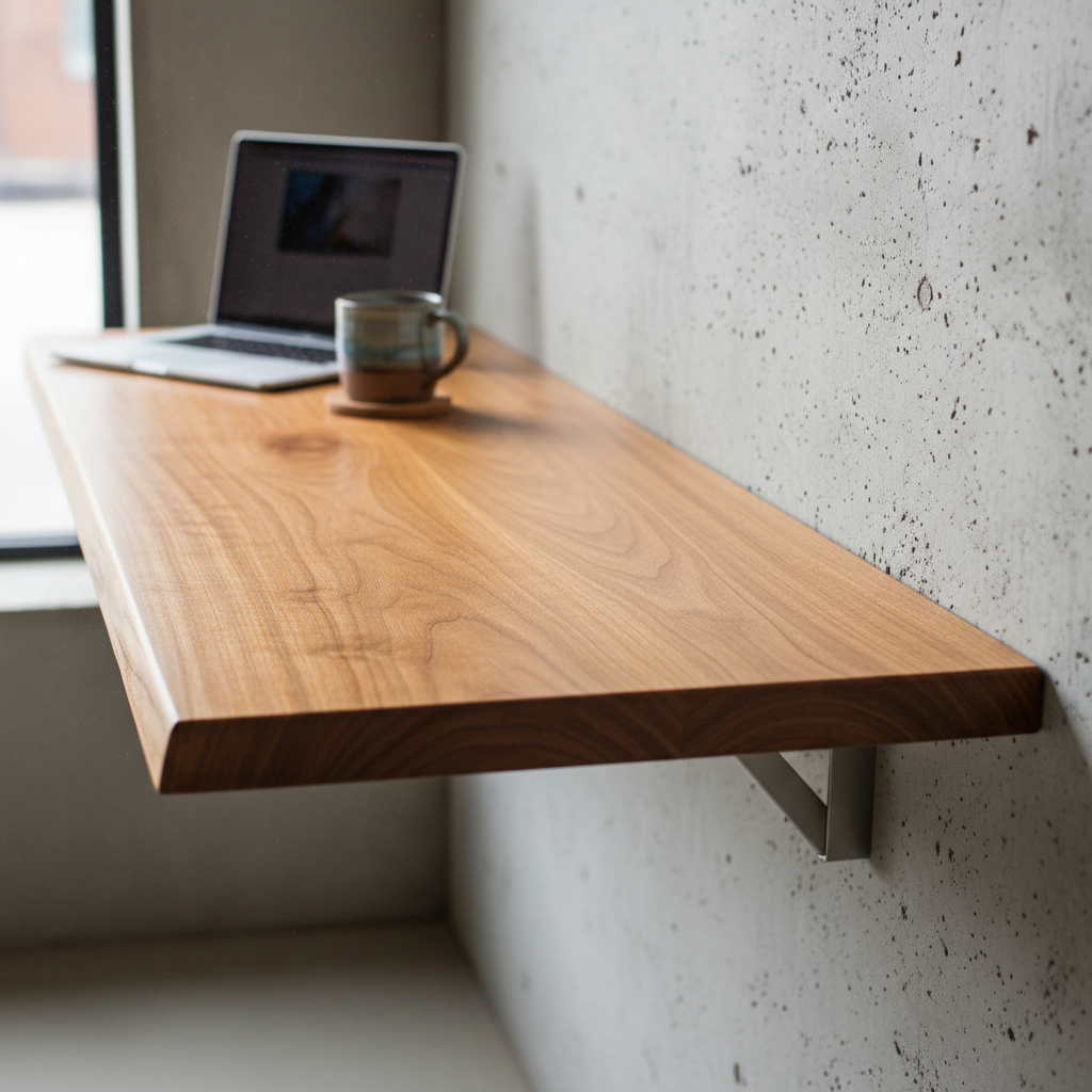 Detalhe de acabamento em madeira de uma mesa planejada na parede com notebook e acessórios em ângulo fechado.