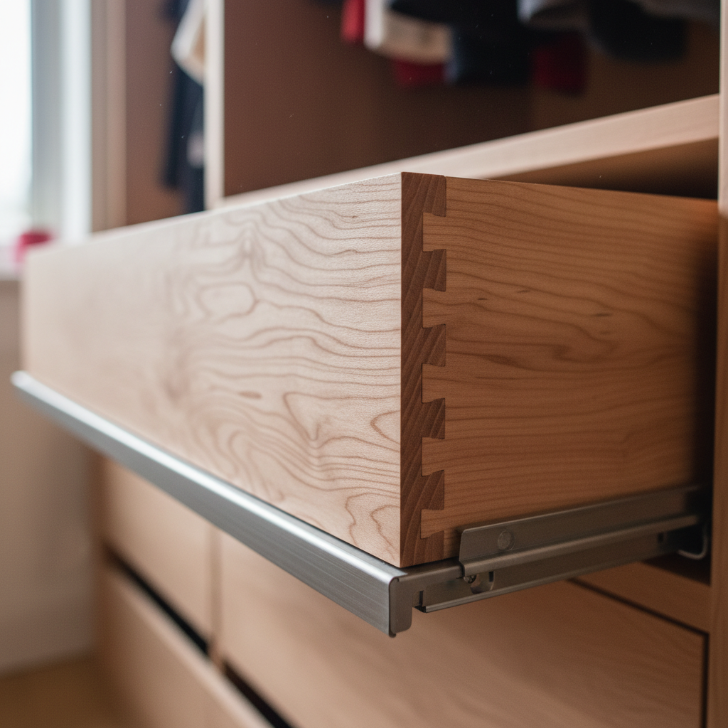 Detalhe de gaveta com encaixe preciso em um quarto planejado de madeira destacando o acabamento impecável do móvel.