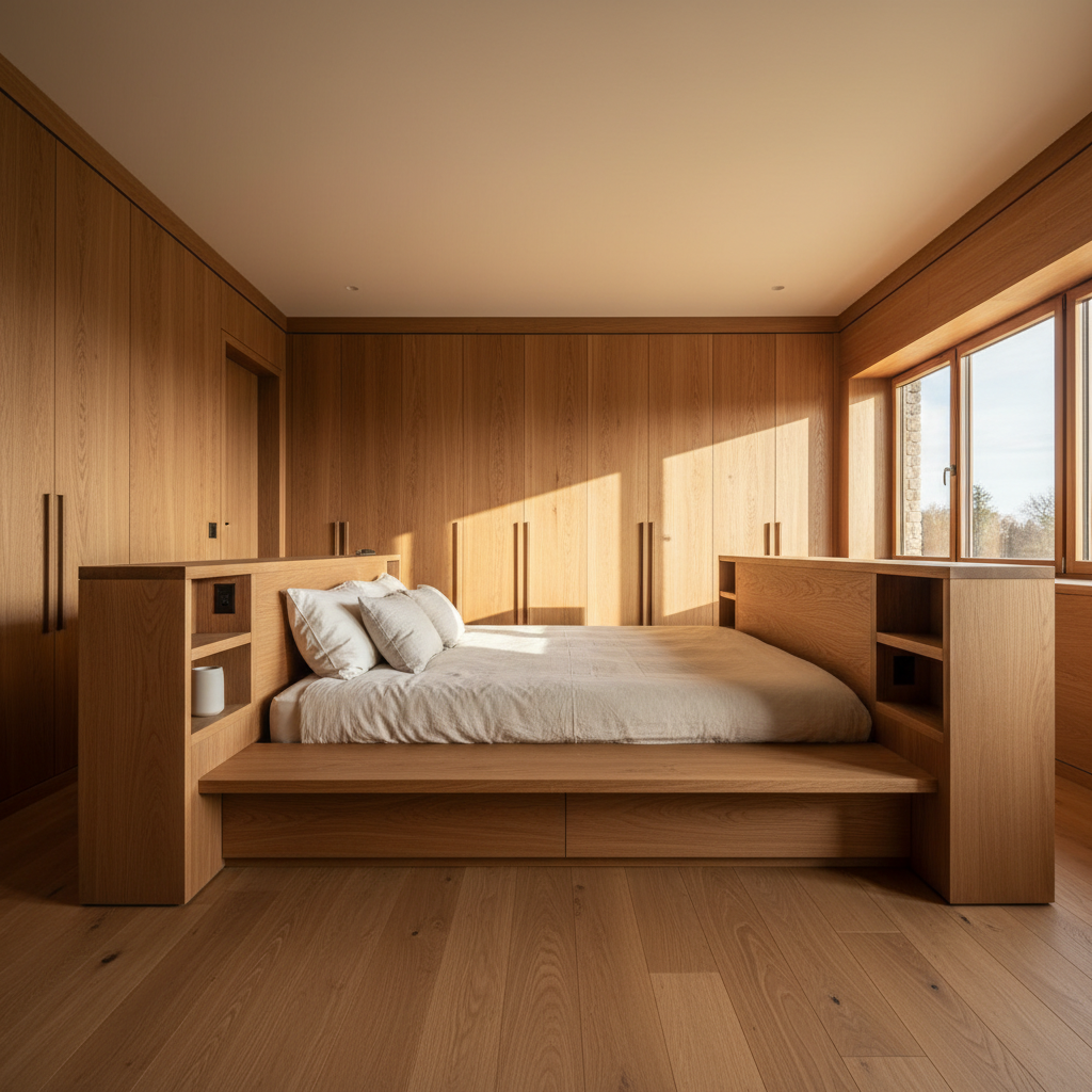 Visão ampla de quarto planejado de madeira com armários embutidos e cama integrada sob iluminação natural suave.