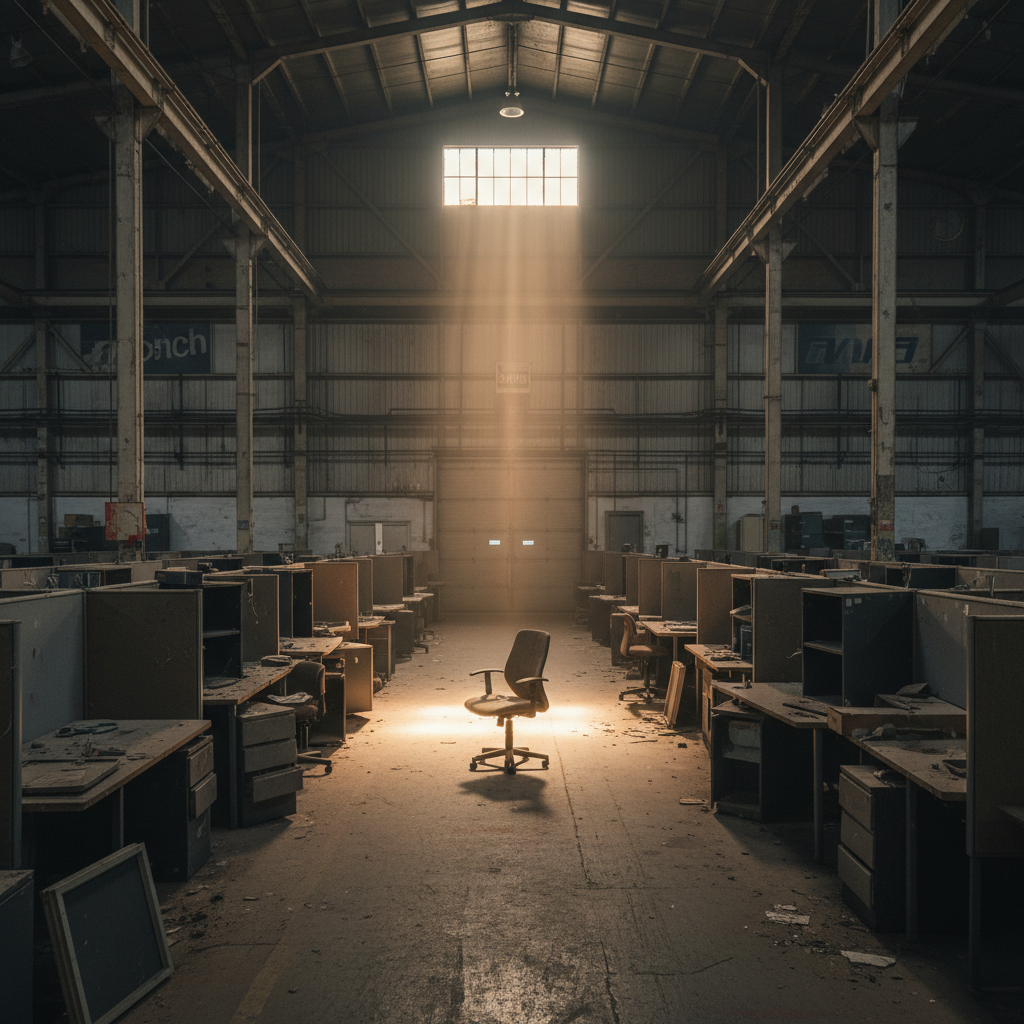 Amplo armazém industrial com luz natural focada em uma cadeira quebrada solitária no centro do grande espaço vazio.