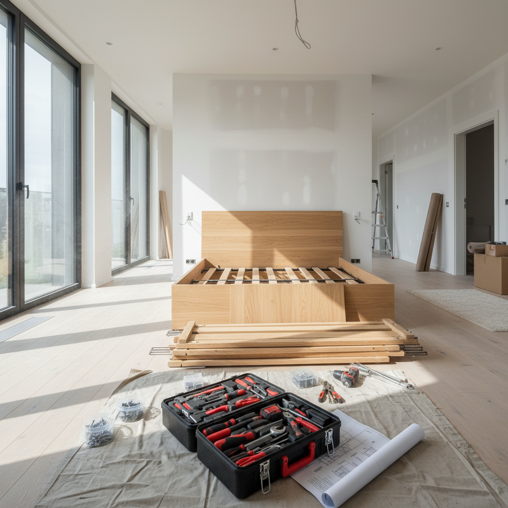 Quarto amplo com peças de madeira no chão e ferramentas organizadas incluindo a chave para desmontar cama técnica.