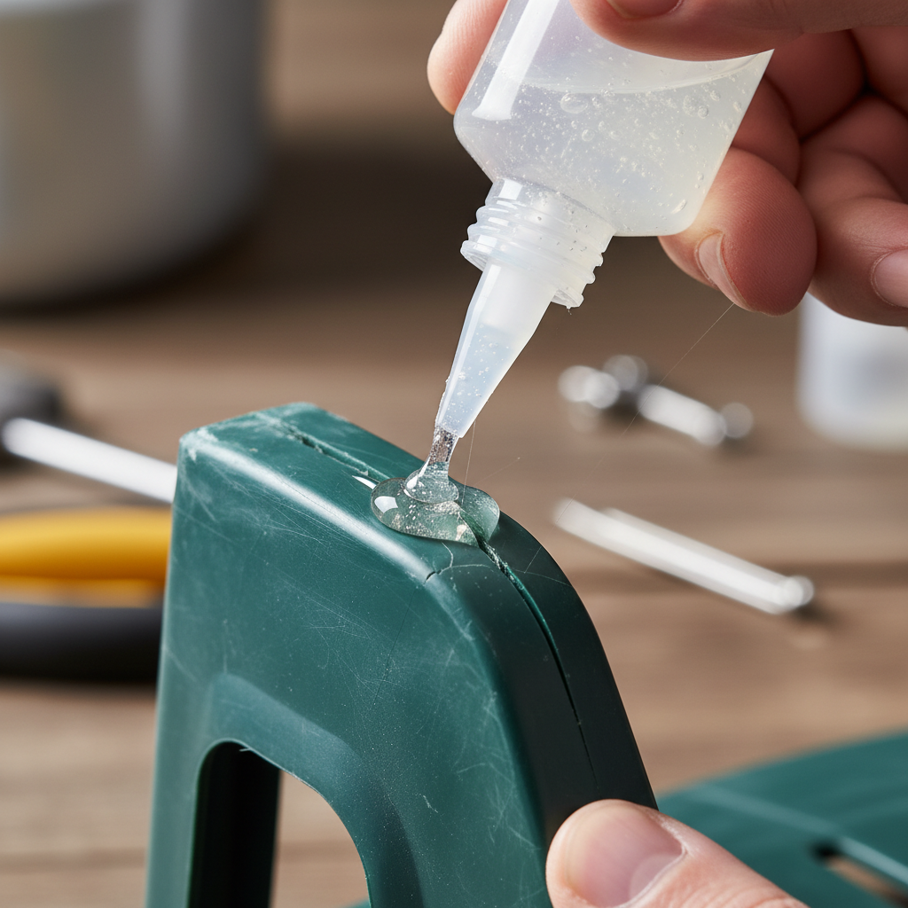 Close nas mãos aplicando adesivo técnico para mostrar como colar cadeira de plástico quebrada com precisão.