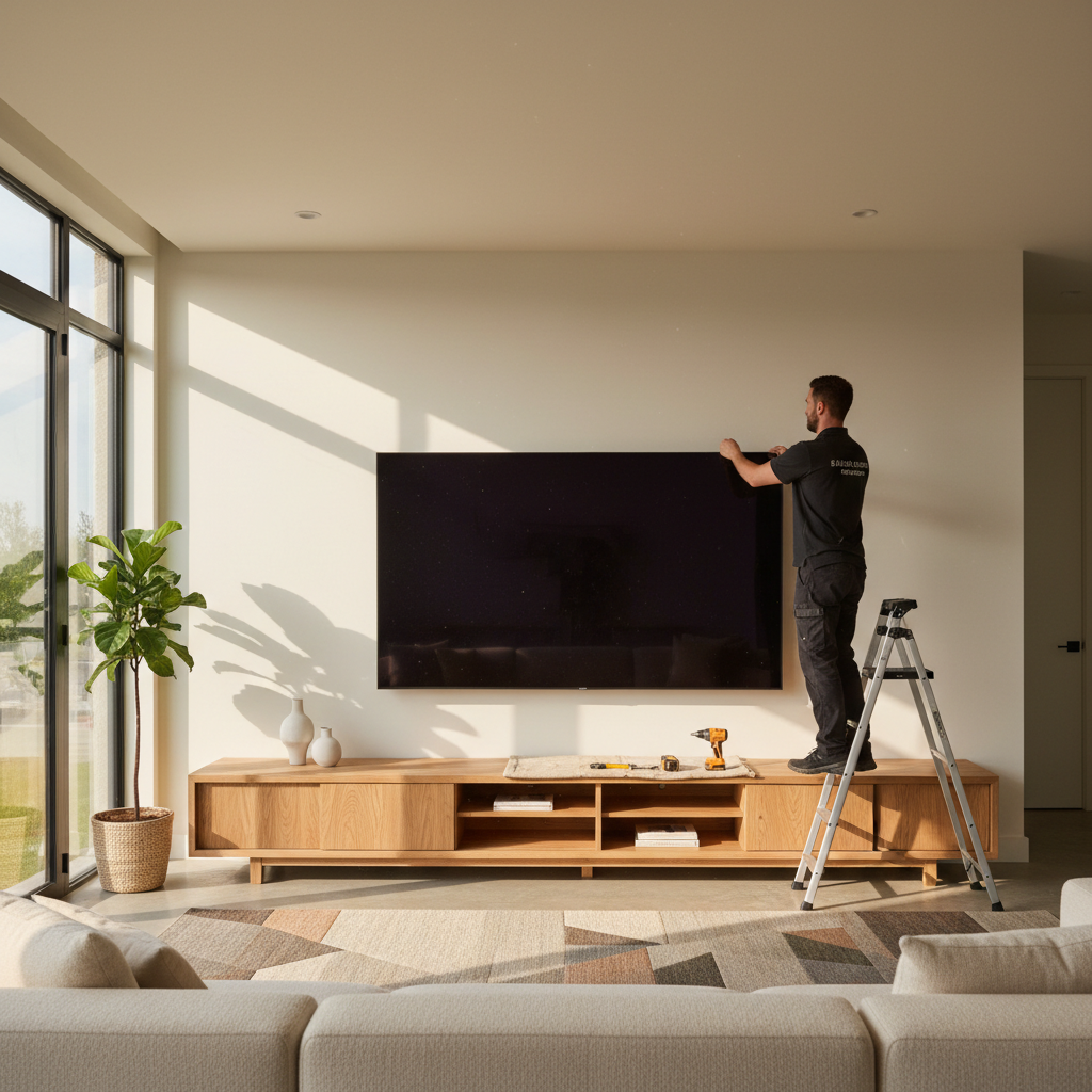 Sala moderna com luz natural mostrando o processo de como colocar suporte de tv no rack em um ambiente amplo.