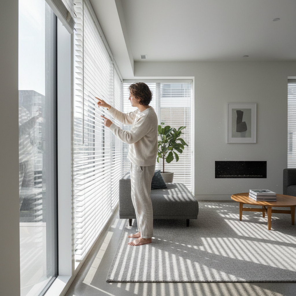 Homem em sala iluminada avaliando como consertar persiana horizontal em uma janela ampla com luz natural.