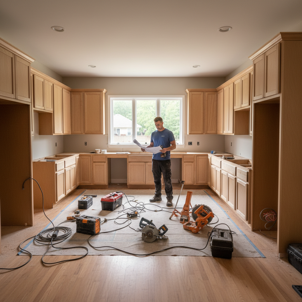 Homem em cozinha ampla analisando como desmontar armário planejado de cozinha com ferramentas no chão em luz natural.