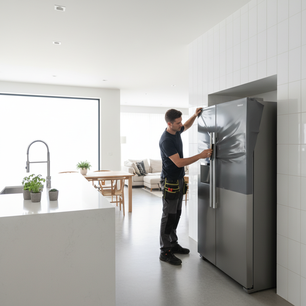 Profissional aplicando adesivo em cozinha moderna mostrando como envelopar geladeira de forma prática e estilosa.