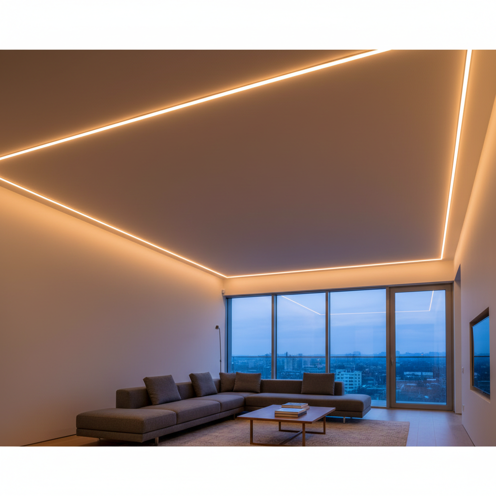Sala moderna com iluminação decorativa exemplificando como fixar mangueira de led na parede para criar um ambiente elegante.