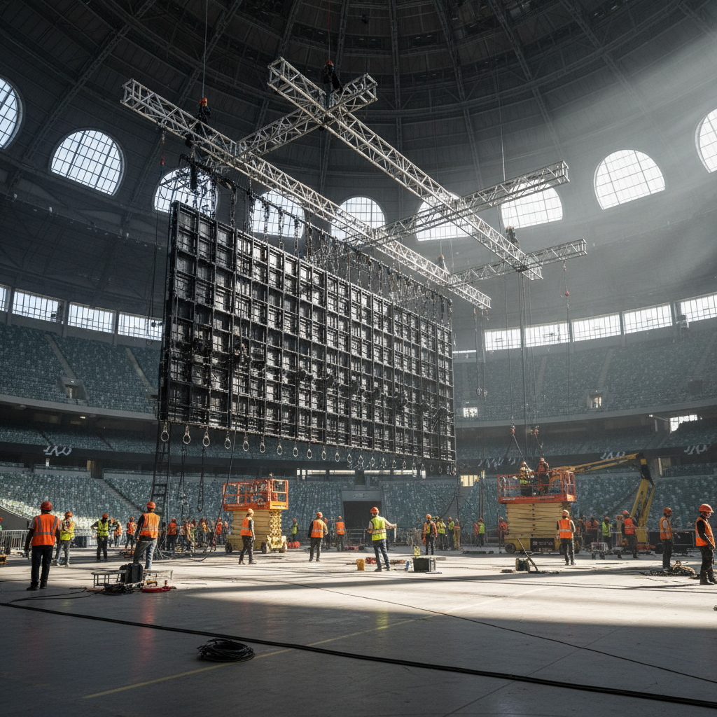 Vista ampla de técnicos em um grande galpão organizando a estrutura de como fixar painel de led gigante no teto.