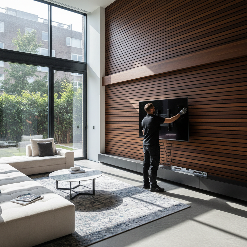 Sala moderna com painel de madeira ripada e técnico preparando como instalar painel de tv na parede de madeira com luz natural.