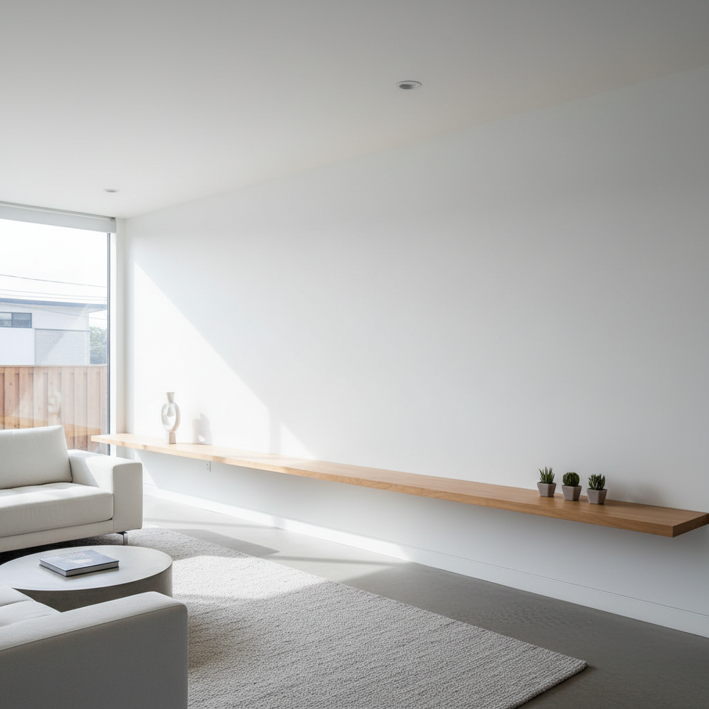 Sala moderna com decoração minimalista exemplificando como instalar prateleira com suporte invisível de madeira na parede.