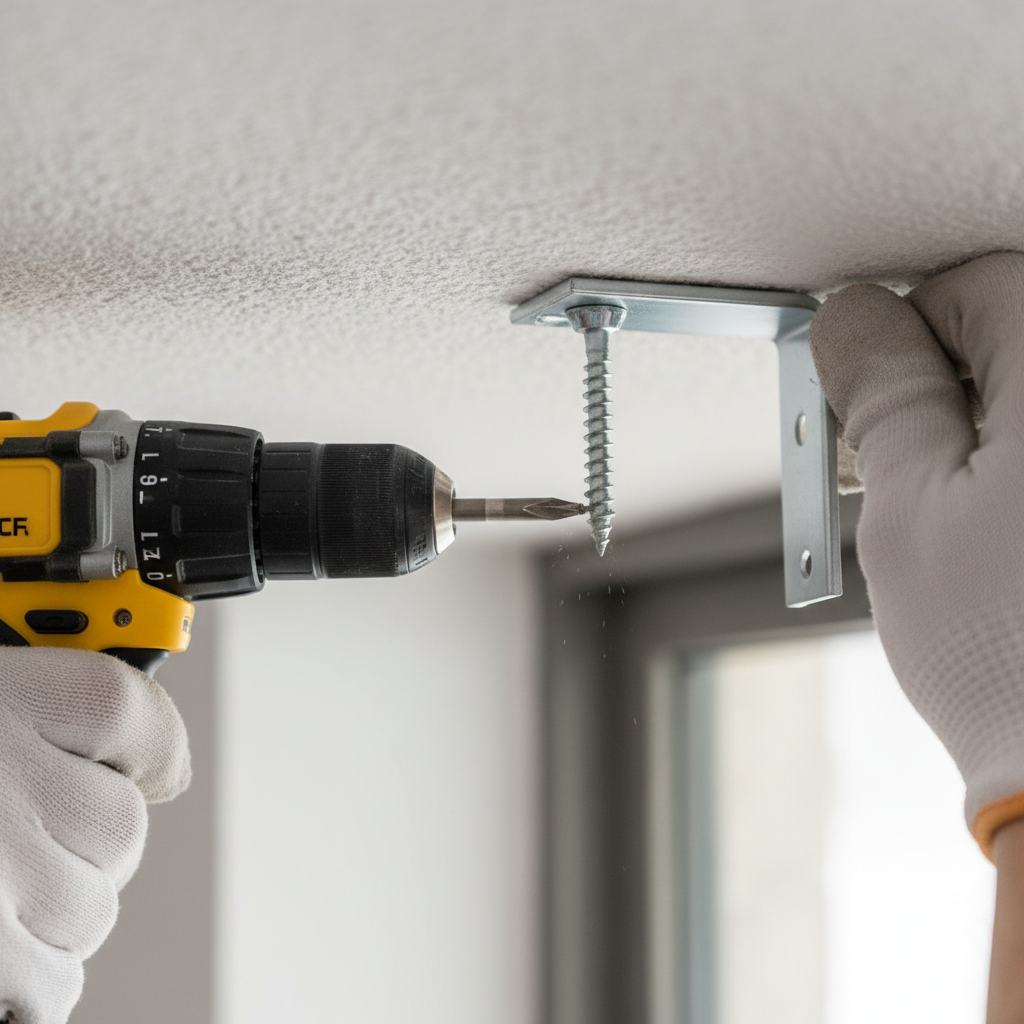 Close das mãos usando furadeira para fixar suporte ao ensinar como instalar trilha de cortina no teto com precisão técnica.