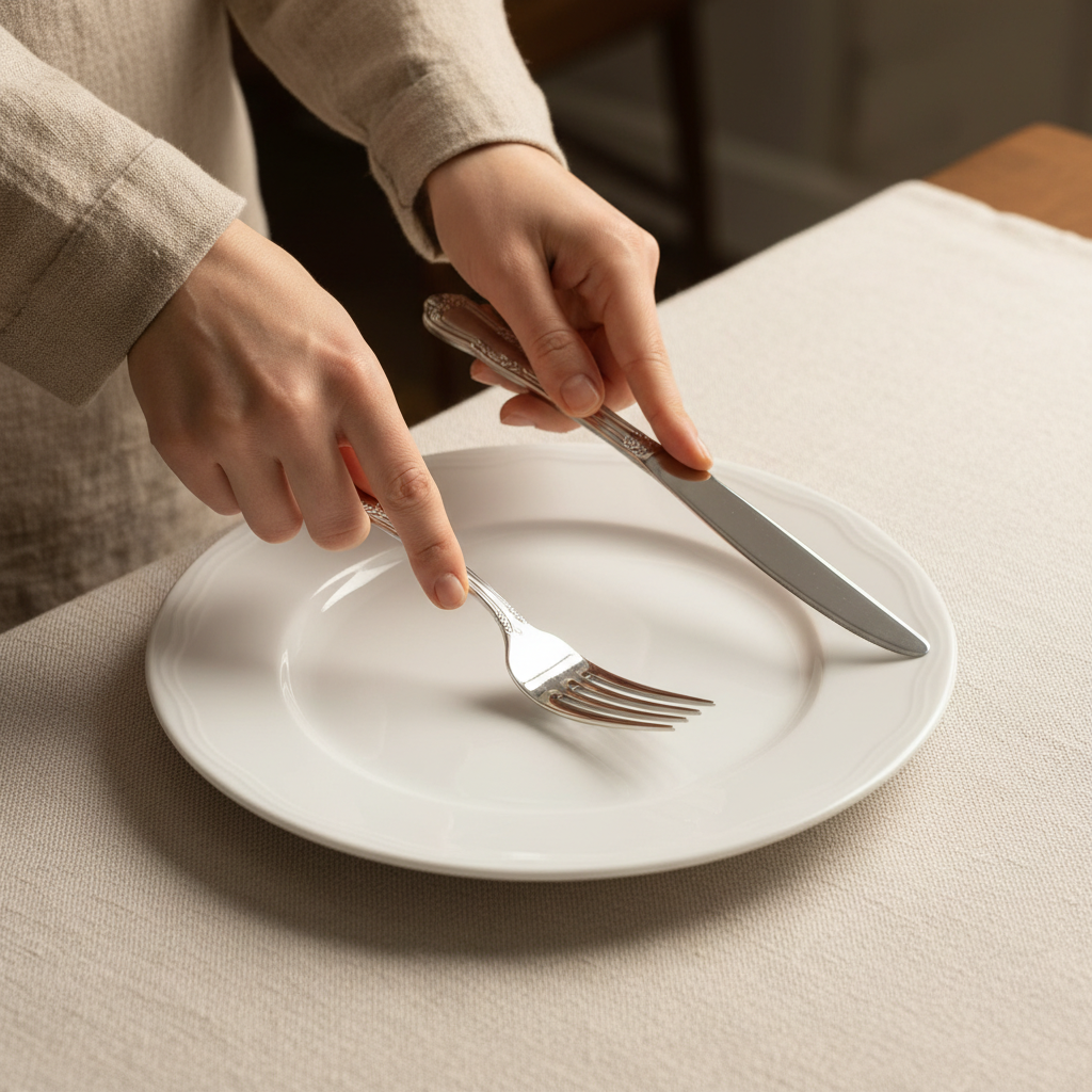 Detalhe de mãos posicionando talheres de prata ao aprender como montar uma mesa de jantar com precisão.