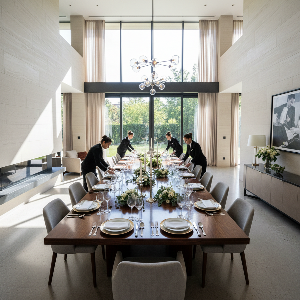 Sala ampla com luz natural e mesa de madeira sendo preparada sobre como montar uma mesa de jantar elegante.