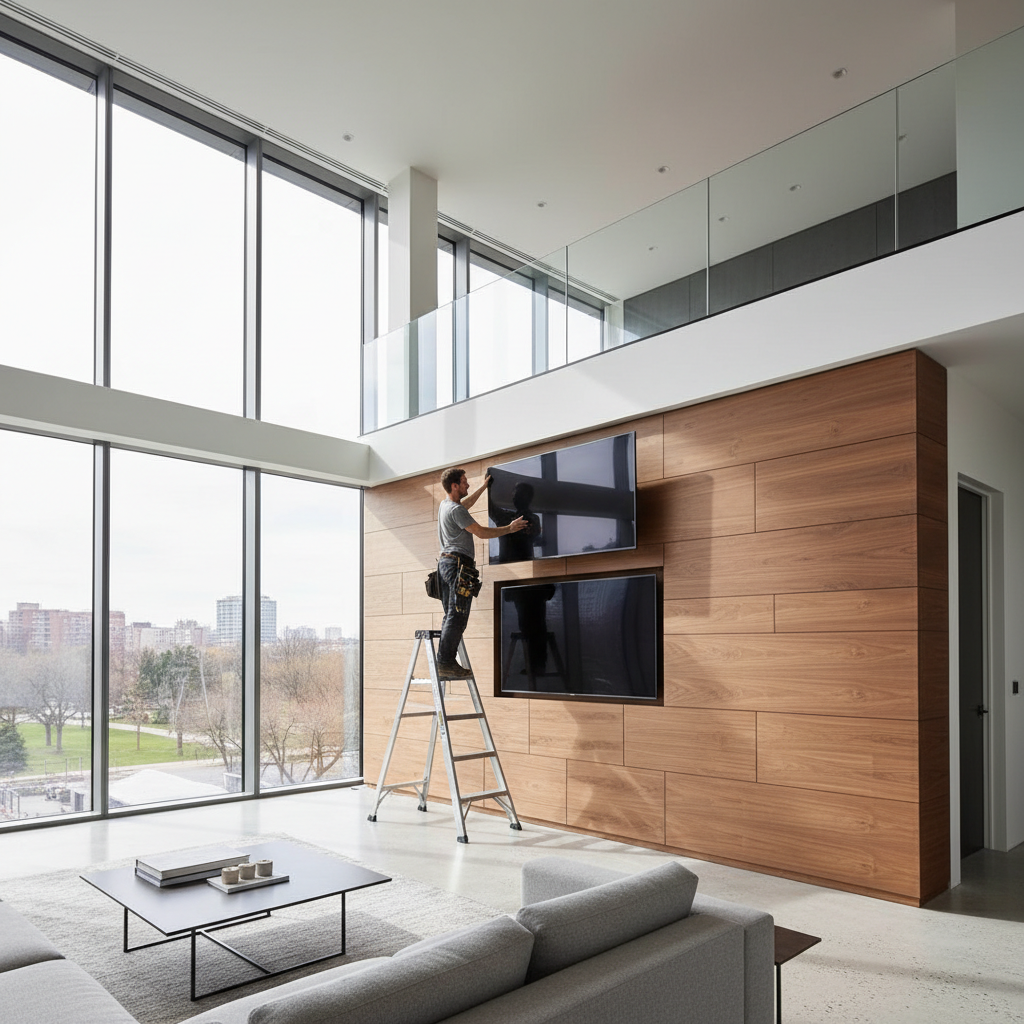 Sala moderna com instalador posicionando televisão e dicas de como prender tv em painel de madeira com acabamento elegante.