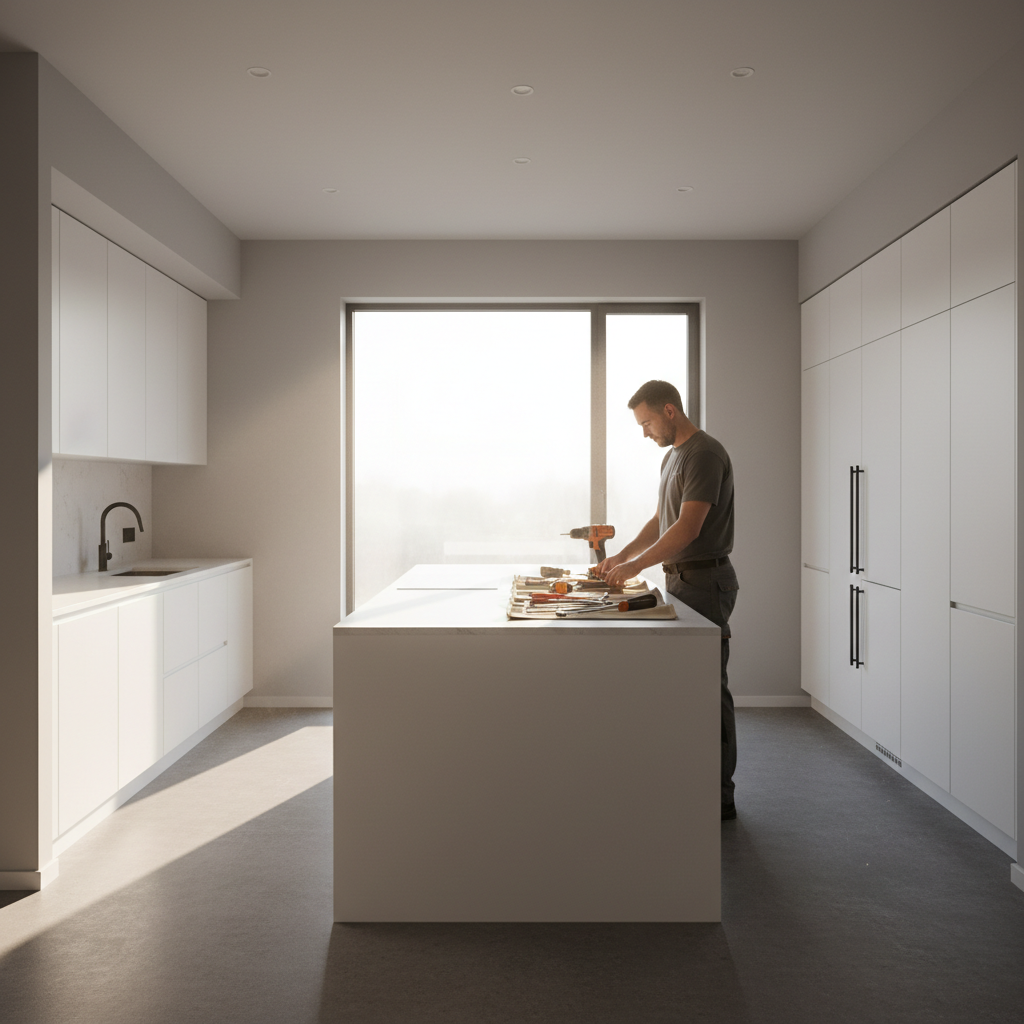 Homem em cozinha ampla planejada preparando ferramentas para aprender como regular dobradiças de armário com luz natural.