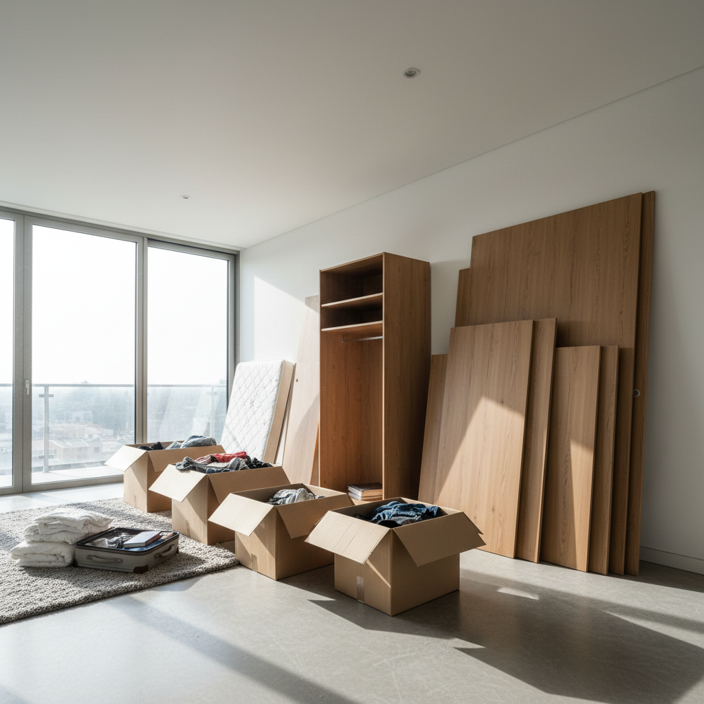 Quarto amplo com peças de madeira de um guarda roupa desmontado encostadas na parede sob luz natural e foco nítido.