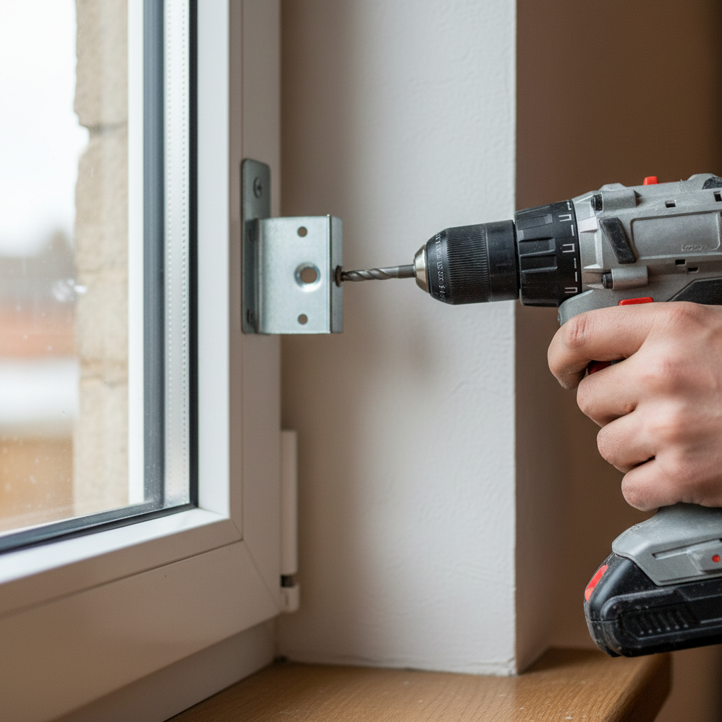 Detalhe das mãos de um profissional usando furadeira para fixar suporte durante instalação de cortinas e persianas.