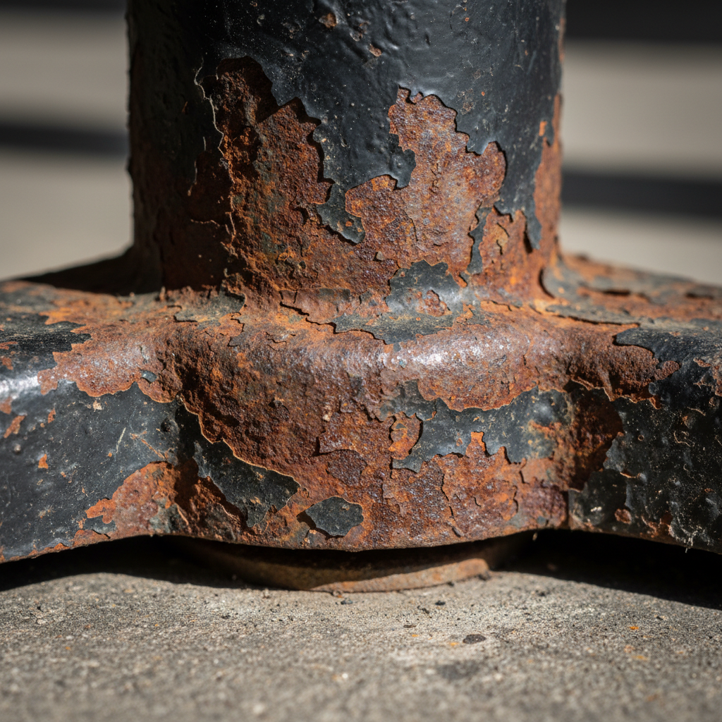 Detalhe em close de textura de corrosão e metal oxidado em um pé de mesa enferrujado com foco nítido e profissional.