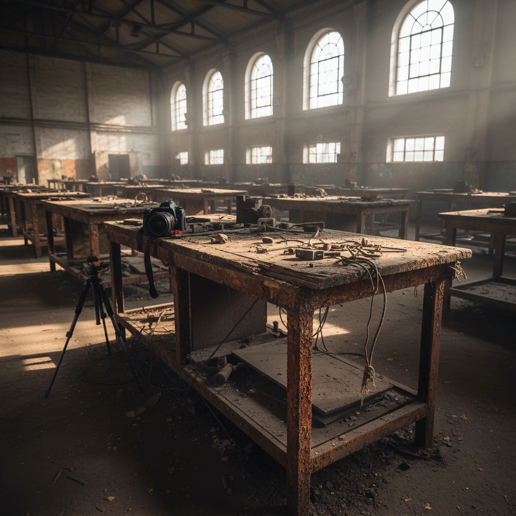 Ambiente industrial amplo com luz natural revelando uma mesa antiga com pé de mesa enferrujado em destaque no galpão.