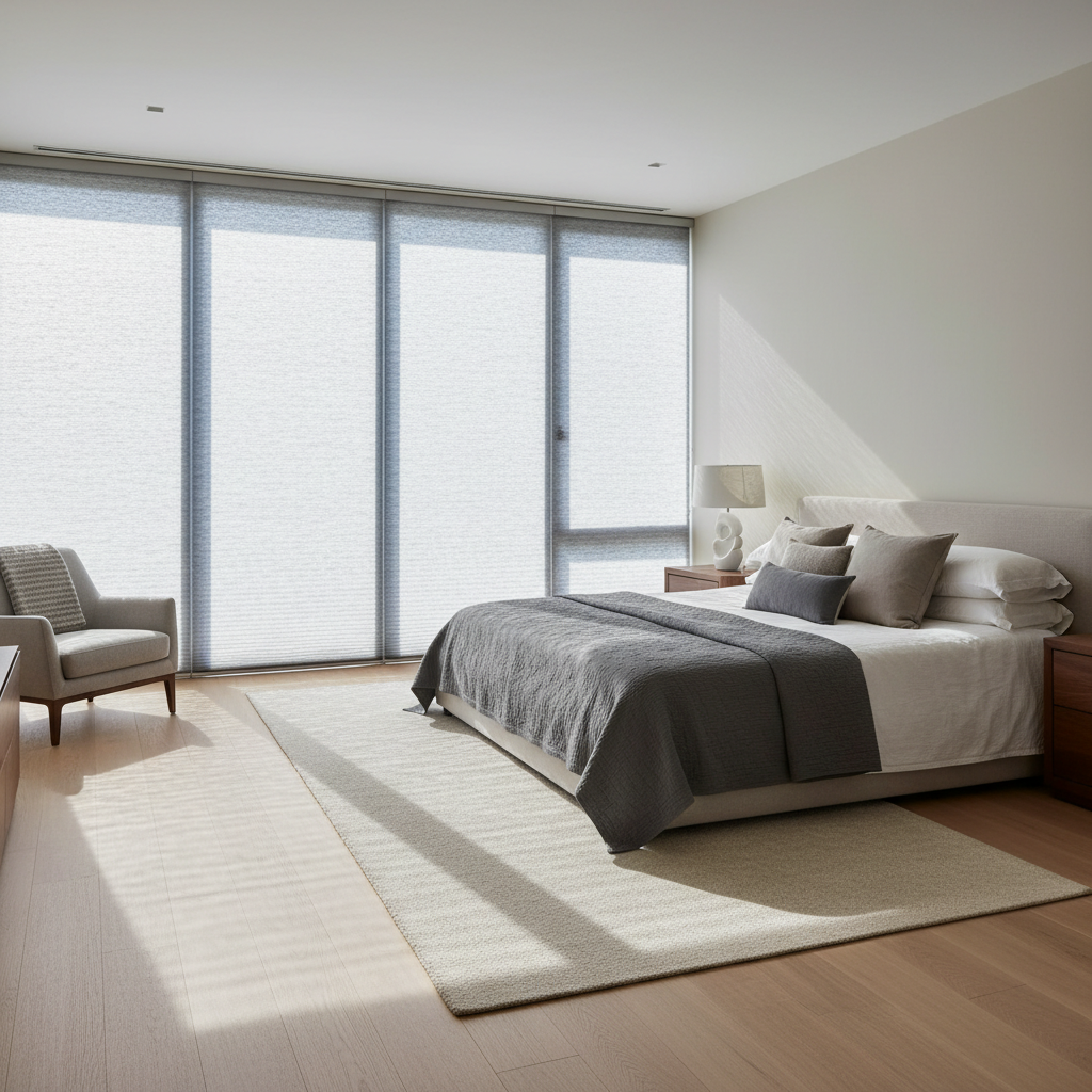 Quarto amplo com luz natural e janelas grandes para decidir qual a melhor persiana para quarto em estilo moderno.