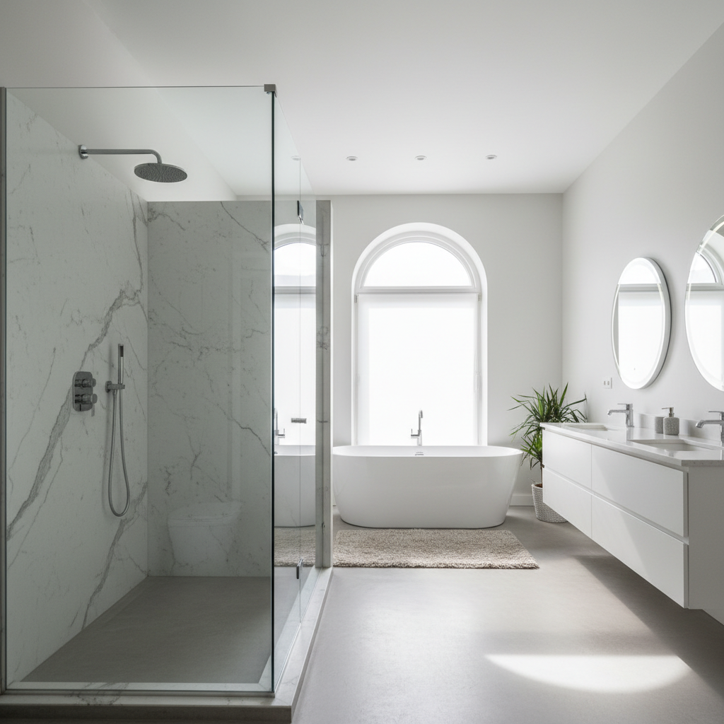 Banheiro amplo com box espaçoso e duas duchas mostrando o tamanho de box para dois chuveiros ideal em área luxuosa.