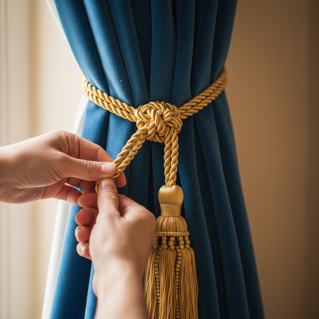 Detalhe das mãos de uma pessoa ao amarrar cortina de veludo usando uma corda decorativa com franjas em close técnico.