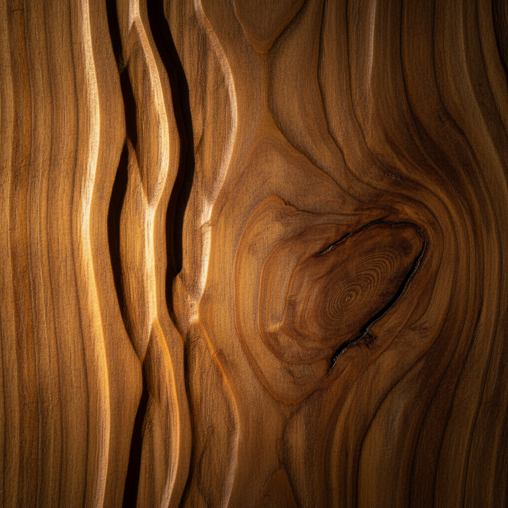 Detalhe em close do grão e textura natural de uma cadeira de madeira maciça rústica com acabamento artesanal.