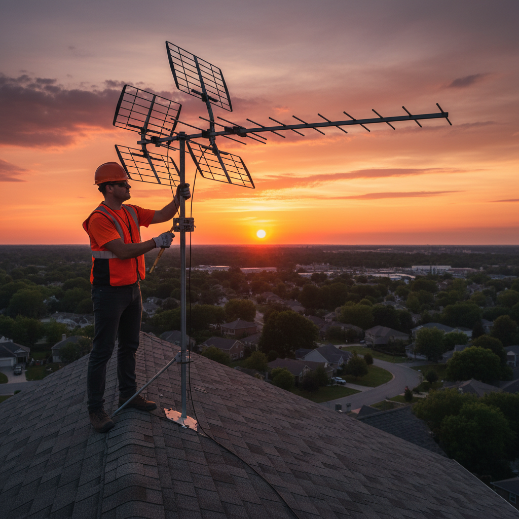 Técnico no telhado de uma casa ao entardecer ajustando sinal em guia de como arrumar antena de tv em plano aberto.
