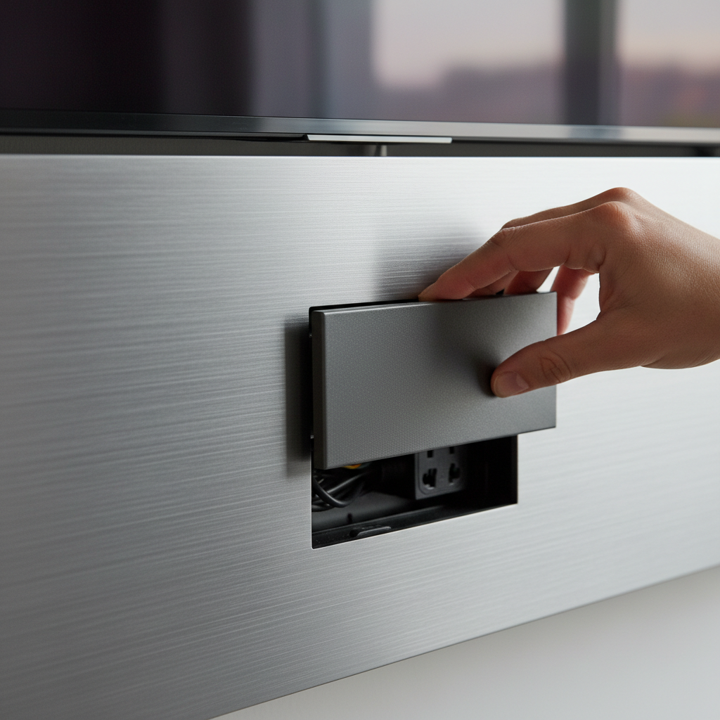Mão ajustando tampa oculta em painel de madeira, detalhe técnico de como esconder tomadas no painel de tv com perfeição.