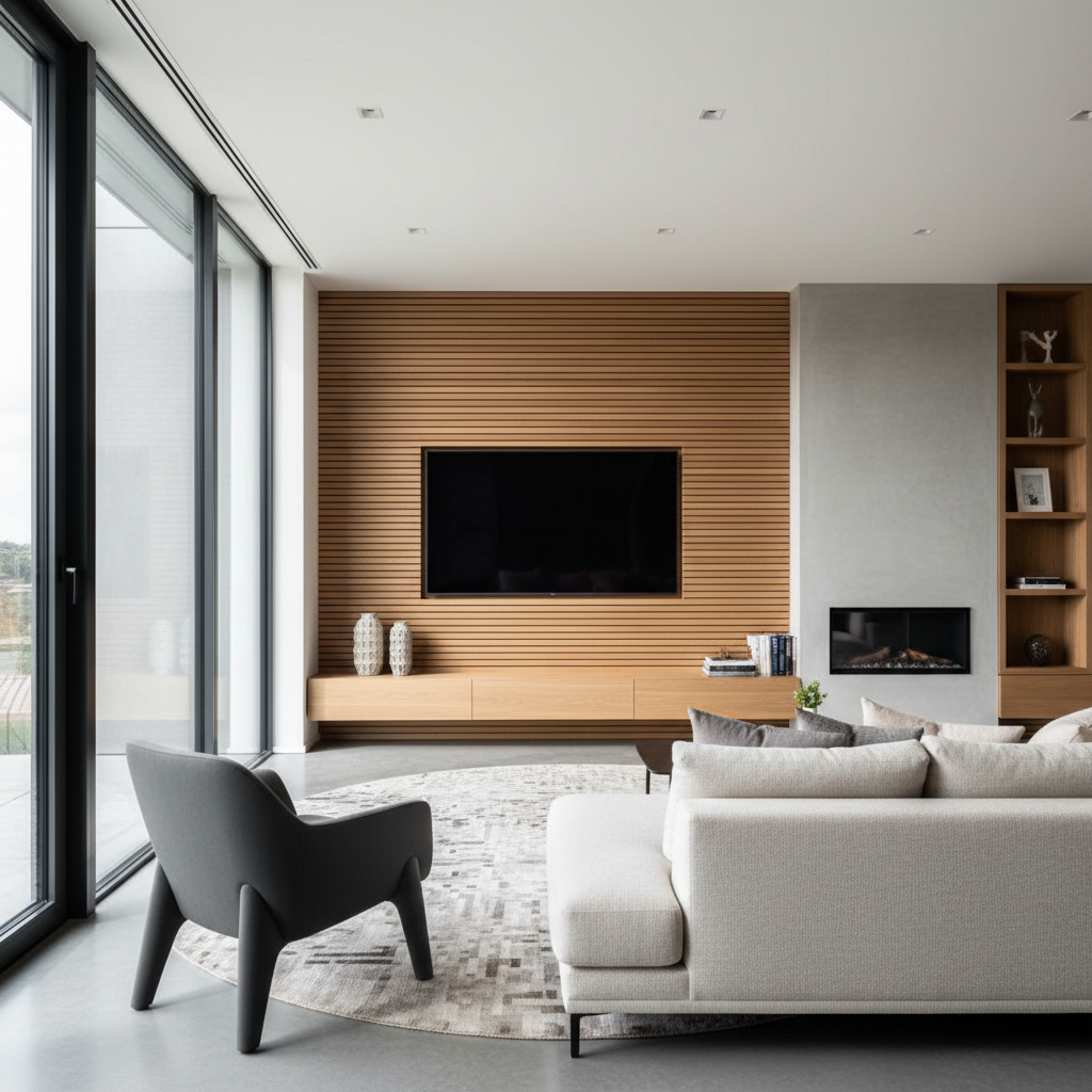Sala moderna com TV em painel de madeira ripada sem fios aparentes, ideal para como esconder tomadas no painel de tv.
