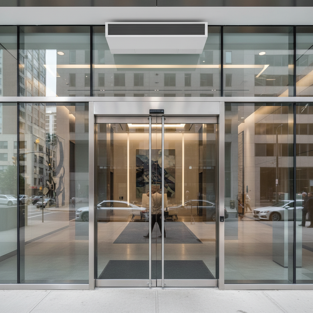 Entrada de vidro com aparelho instalado e visão ampla sobre como instalar cortina de ar no teto em prédios comerciais.