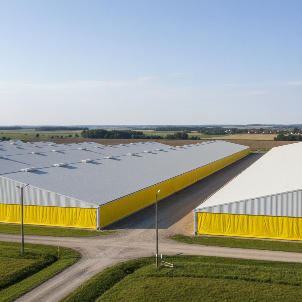 Vista externa de aviário industrial com cortinas instaladas evidenciando como instalar cortina de aviário em grandes galpões.