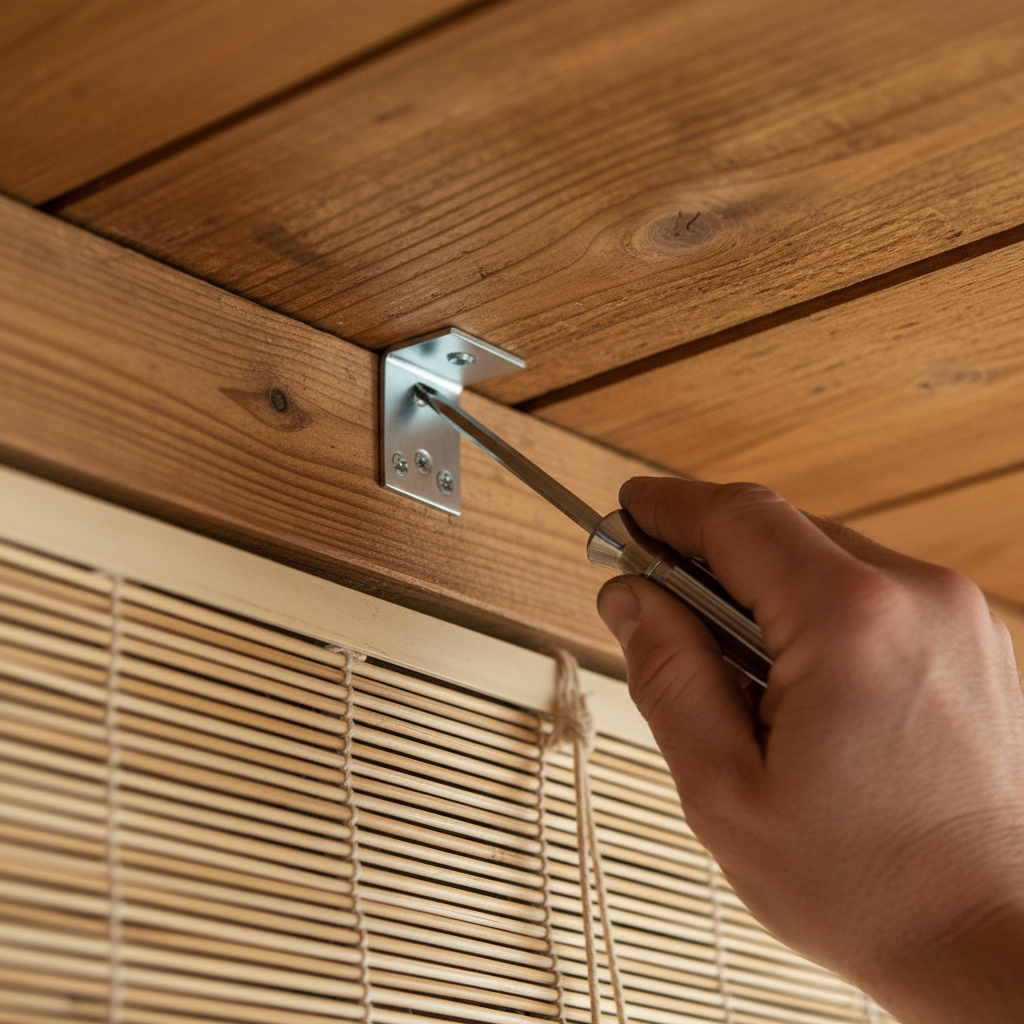 Detalhe de mãos parafusando o suporte de metal no teto mostrando como instalar cortina de bambu de forma segura e técnica.