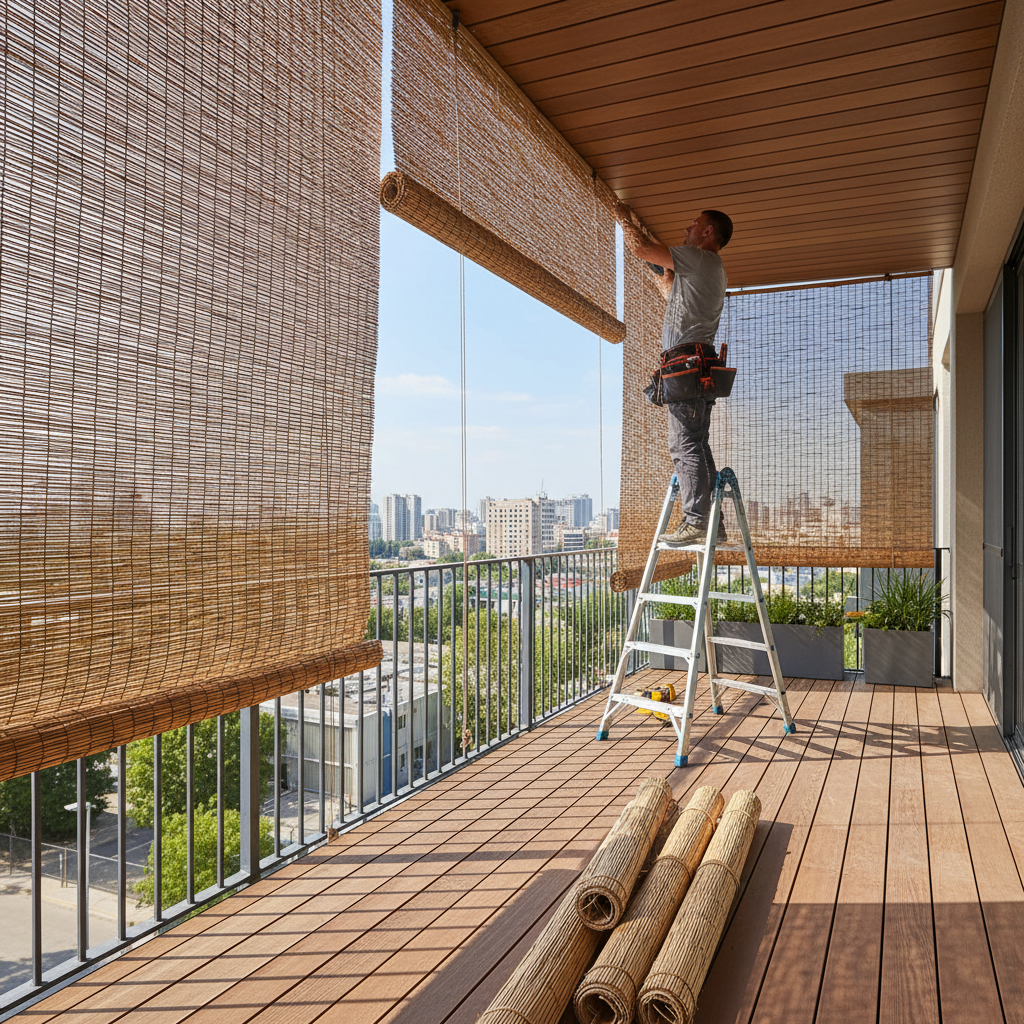 Homem em uma escada ajustando persiana em varanda ampla ensolarada sobre como instalar cortina de bambu com vista externa.