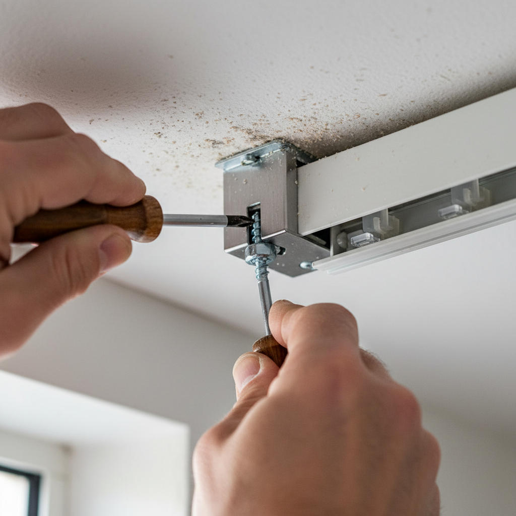 Detalhe das mãos fixando suporte técnico ao aprender como instalar cortina em janela de canto com ferramentas.