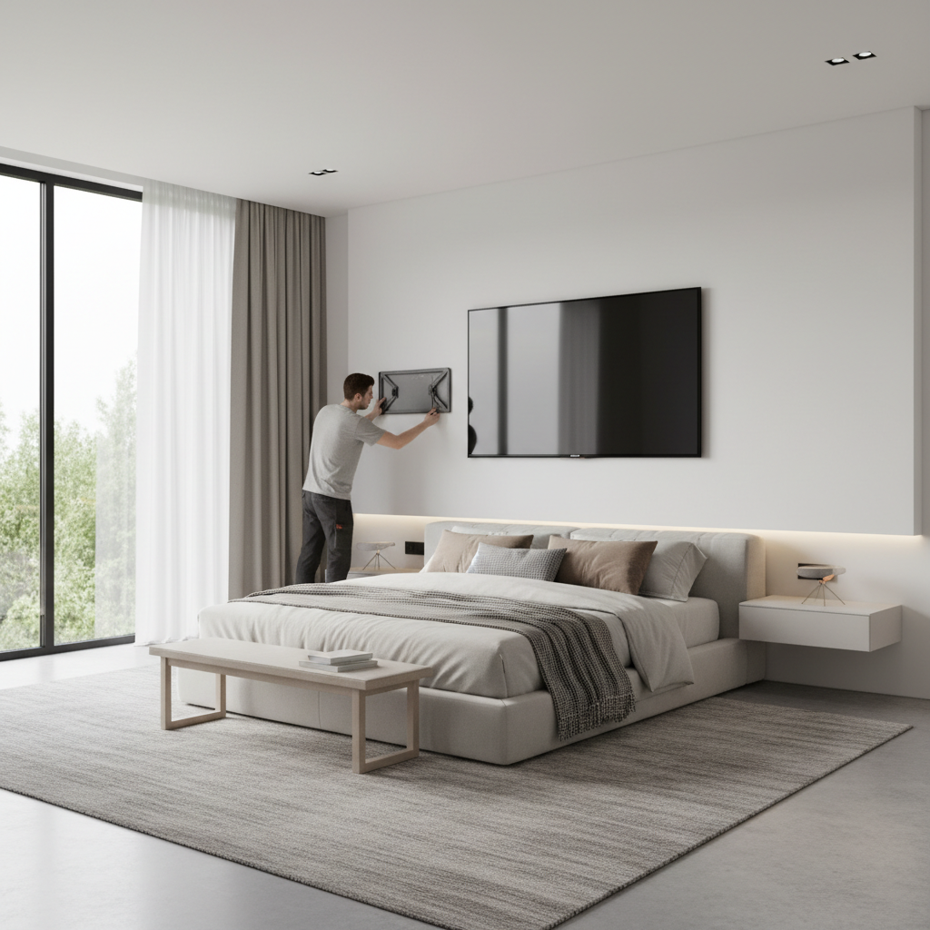 Quarto moderno com cama aconchegante e visão ampla de como instalar tv na parede do quarto com iluminação natural.