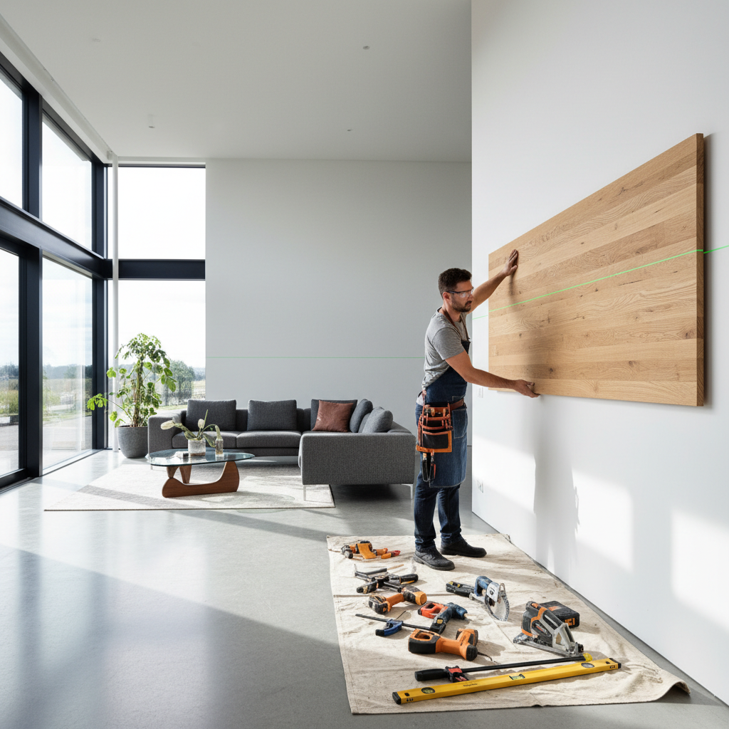 Sala moderna com profissional instalando suporte de madeira ensinando como montar painel de tv em plano aberto.